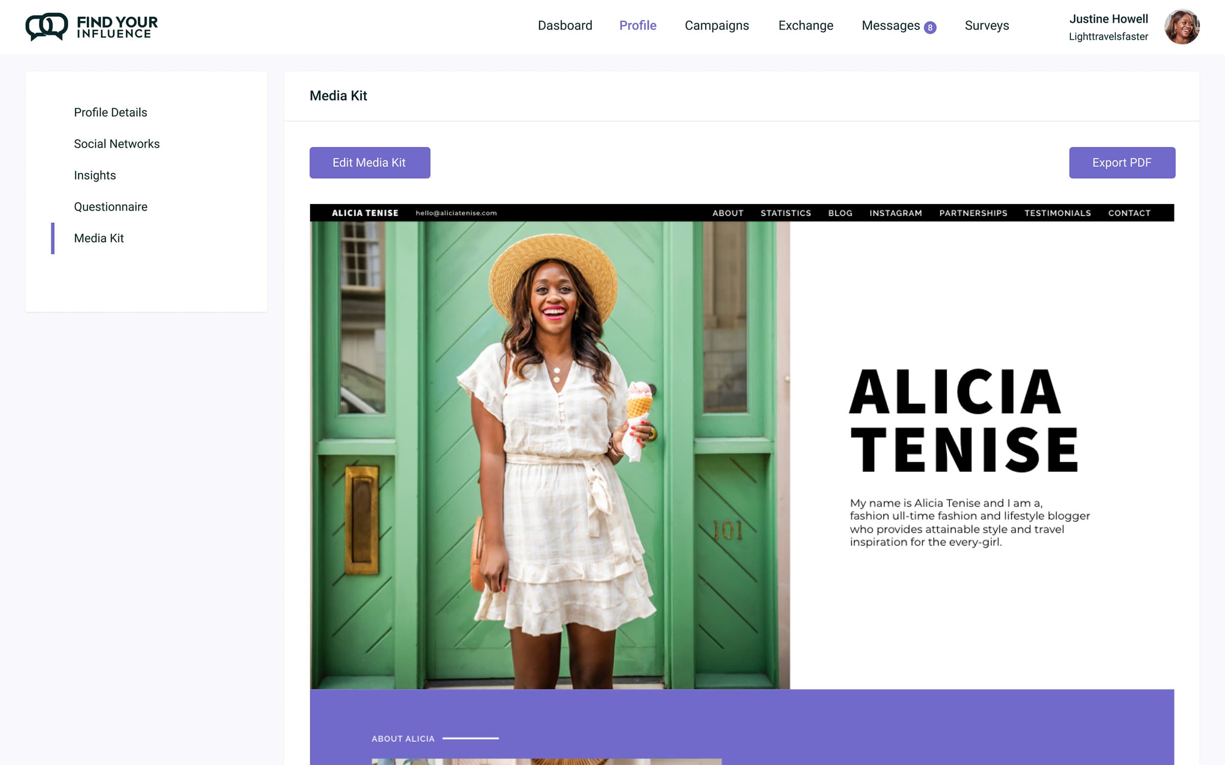 Influencer self-service portal with connected social accounts and shareable profile