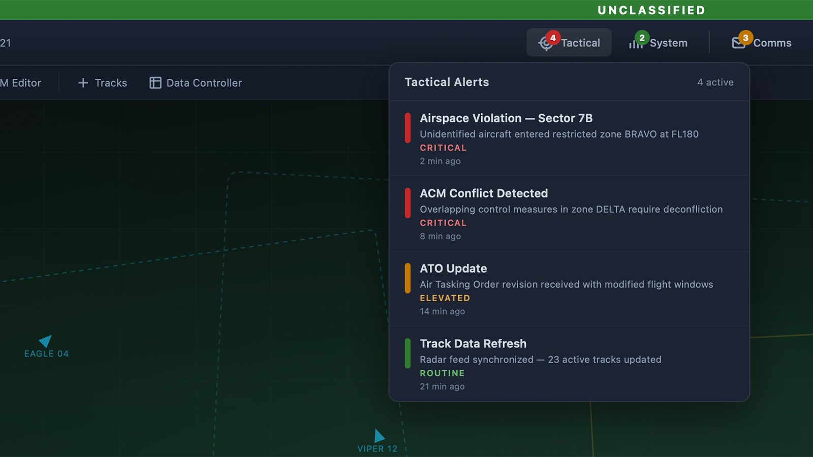 The redesigned notification system showing consolidated categories with graduated severity badges. Color-coded indicators (green, yellow, red) communicate urgency at a glance, with a dropdown revealing individual alerts and their priority levels.