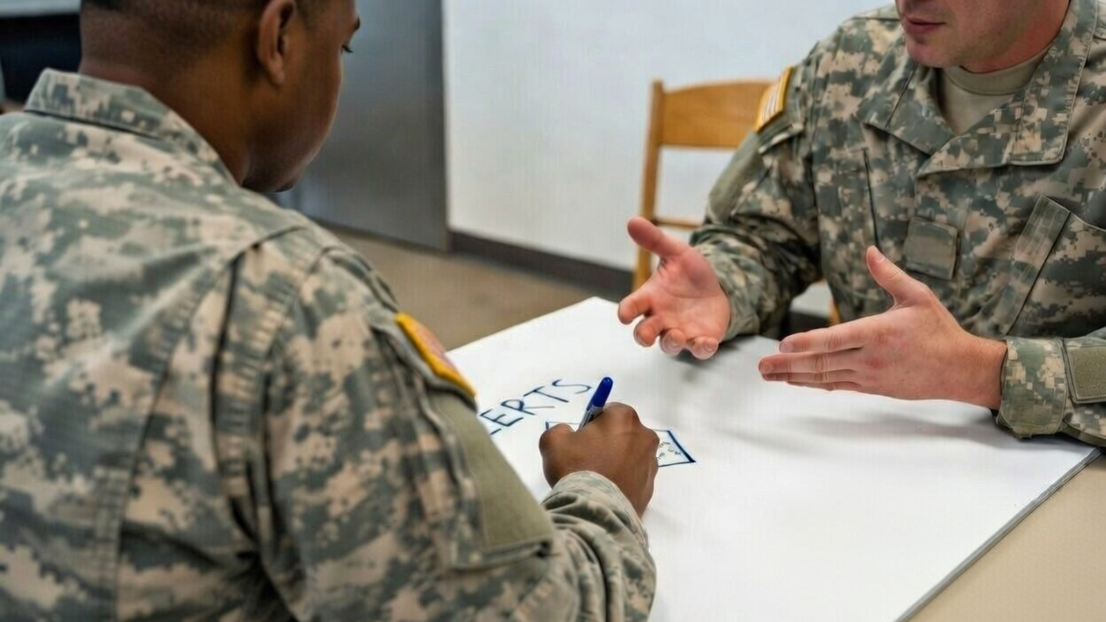 Soldiers working through the King for a Day exercise on base, collaborating on their ideal alert system design. The word "ALERTS" is visible on their working paper.